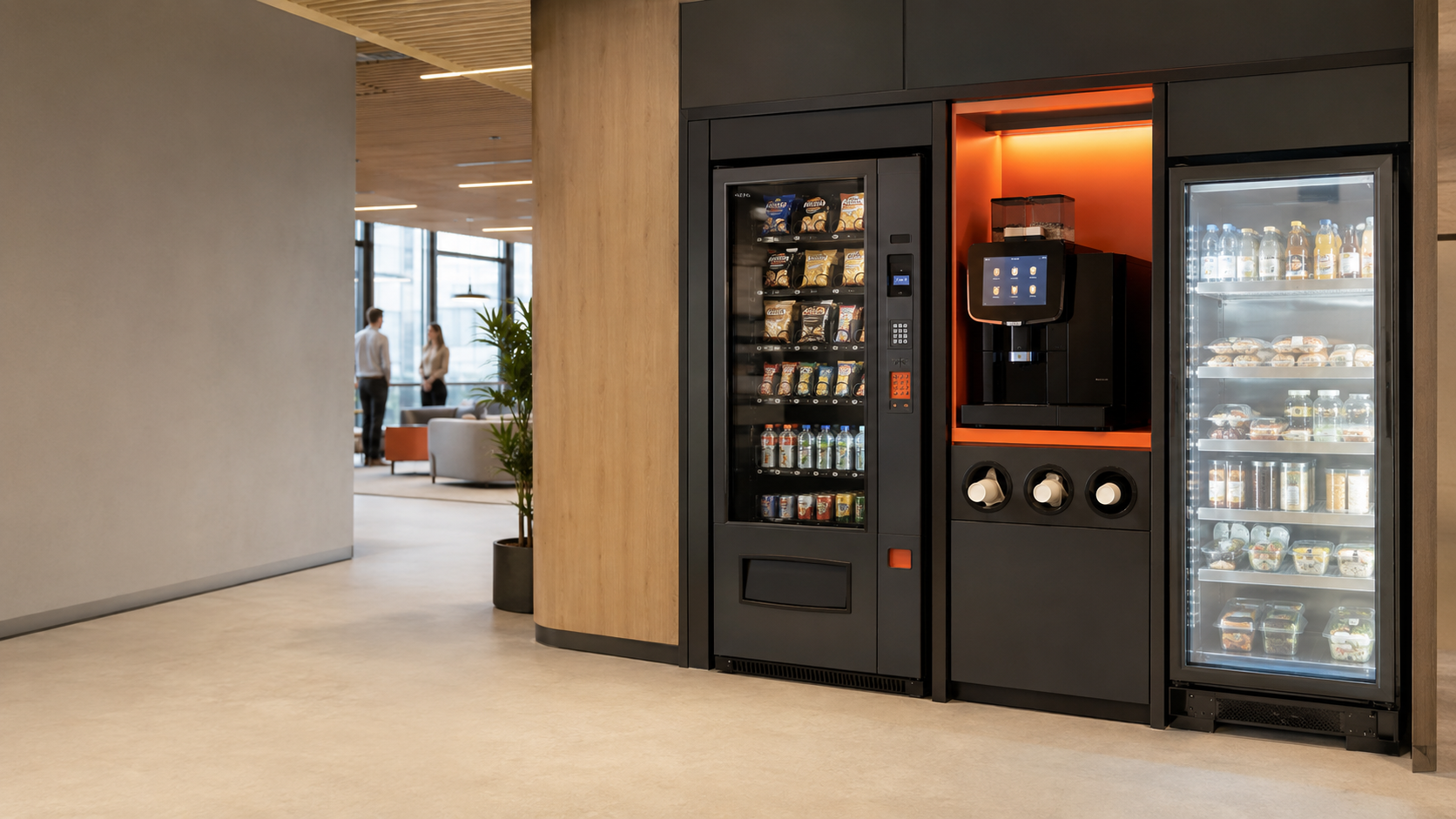 Área de vending, café e smart fridge instalada num espaço empresarial